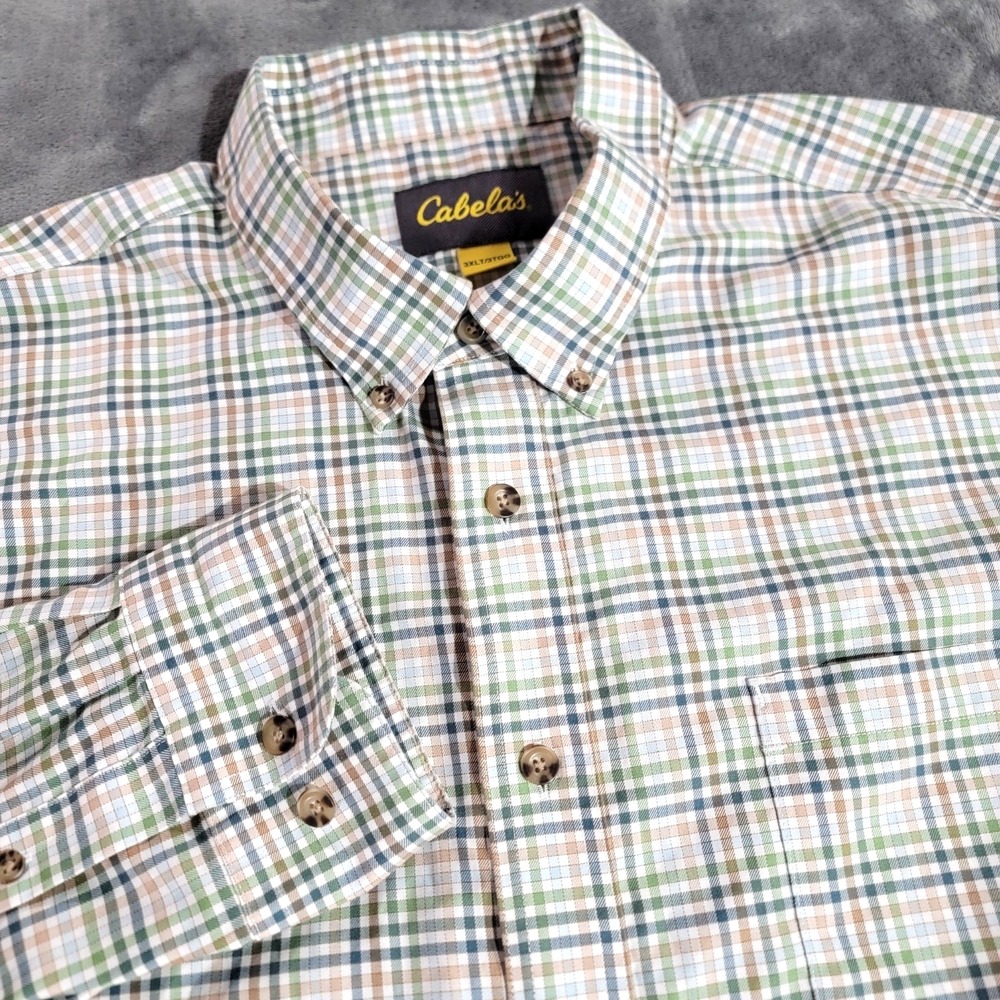 Cabelas Shirt Men 3XLT Tall Green Plaid Colorful Wrinkle Free Long Sleeve Pocket